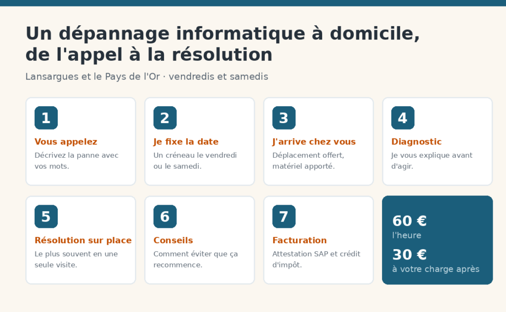 Les 7 étapes d'un dépannage informatique à domicile à Lansargues : l'appel, le rendez-vous, l'intervention chez vous, puis la facturation