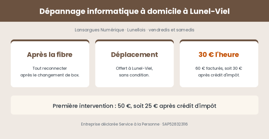 Dépannage informatique à domicile à Lunel-Viel : déplacement offert, 30 € l'heure après crédit d'impôt