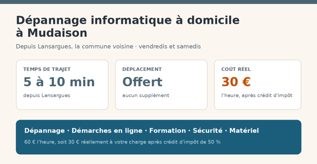 Dépannage informatique à domicile à Mudaison : cinq à dix minutes de trajet depuis Lansargues, déplacement offert, 30 € l'heure après crédit d'impôt