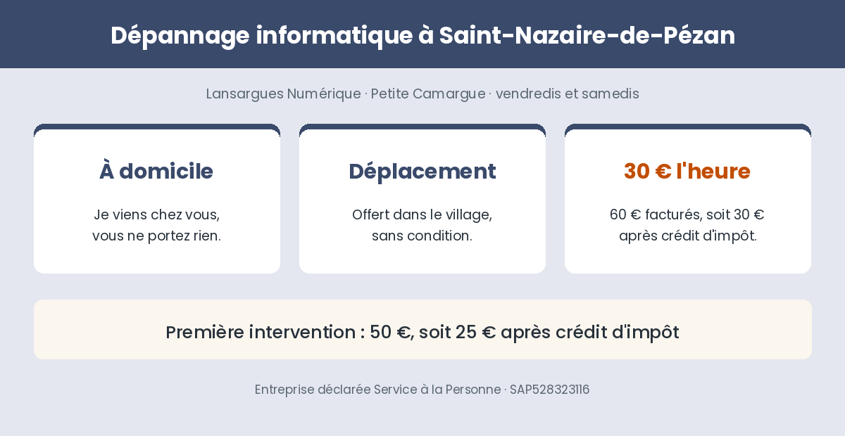 Dépannage informatique à domicile à Saint-Nazaire-de-Pézan : déplacement offert, 30 € l'heure après crédit d'impôt