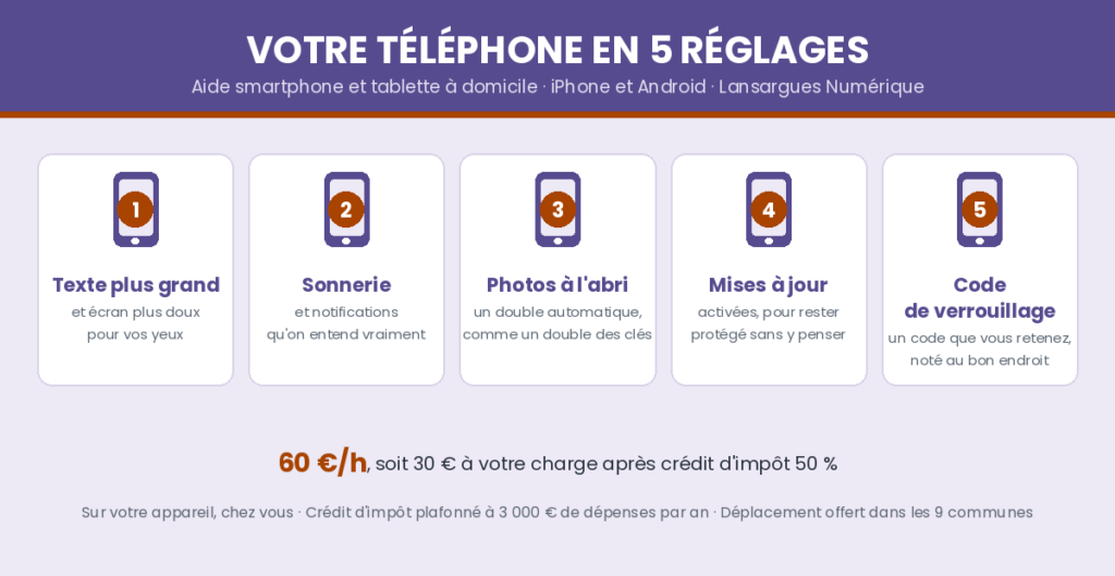 Infographie aide smartphone à domicile : votre téléphone en 5 réglages, taille du texte, sonneries et notifications, sauvegarde des photos, mises à jour, code de verrouillage. 60 € de l'heure, soit 30 € après crédit d'impôt.