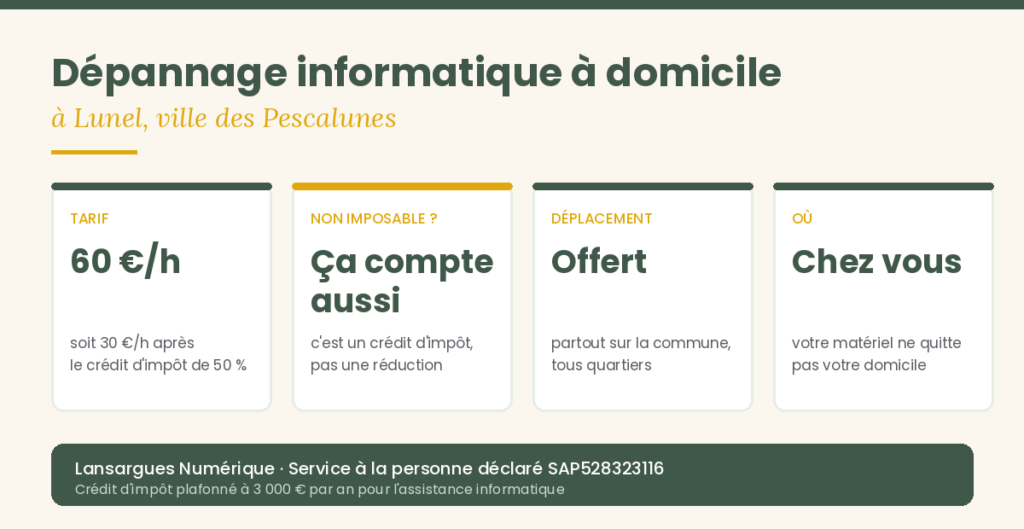 Dépannage informatique à domicile à Lunel par Lansargues Numérique : 60 € de l'heure soit 30 € après le crédit d'impôt de 50 %, un crédit d'impôt et non une réduction, déplacement offert, le matériel reste au domicile.