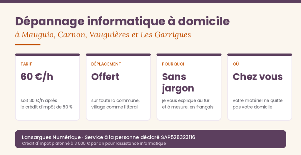 Dépannage informatique à domicile à Mauguio, Carnon, Vauguières et Les Garrigues par Lansargues Numérique : 60 € de l'heure soit 30 € après le crédit d'impôt de 50 %, déplacement offert, explications sans jargon, le matériel reste au domicile.